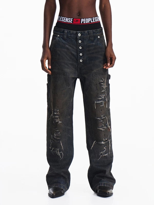 ,6070535003696,6070535003697,6070535003698,6070535003699,6070535003700, Distressed Vintage Straight-Leg Denim Pants
