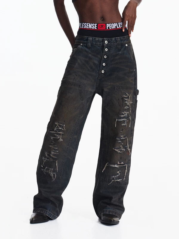 Distressed Vintage Straight-Leg Denim Pants 2