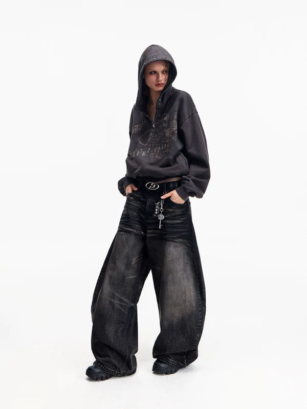 Distressed Vintage Washed Wide Leg Jeans Pants 4