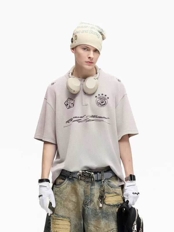 Distressed Waffle Henley Polo Shirt 1