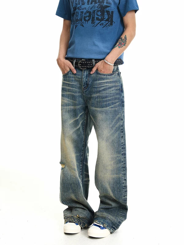 Distressed Washed Bamboo Pattern Jeans 3