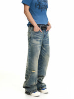 Distressed Washed Bamboo Pattern Jeans 4