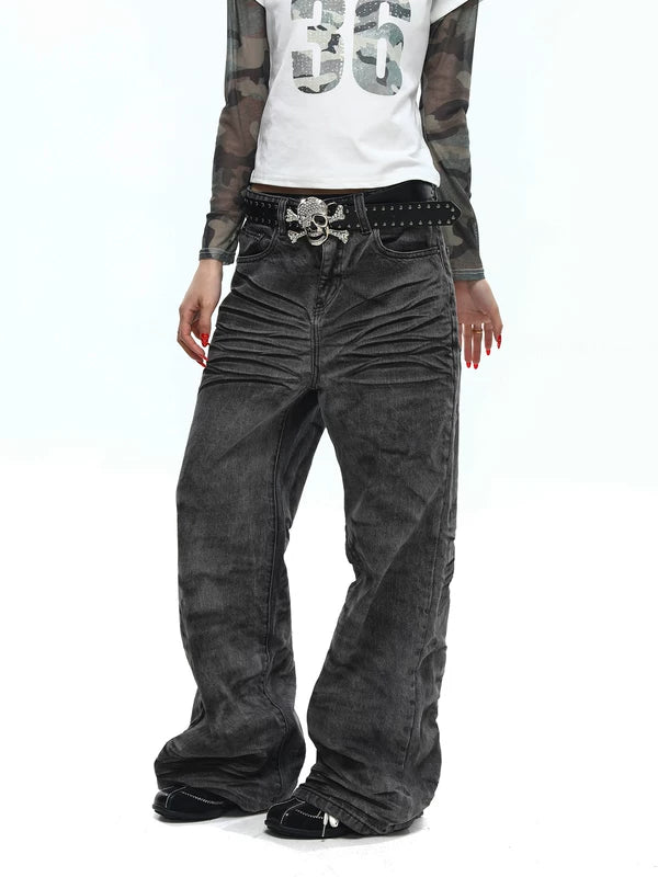 Distressed Washed Loose Flared Denim Pants 1