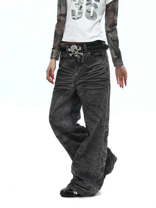 Distressed Washed Loose Flared Denim Pants 2