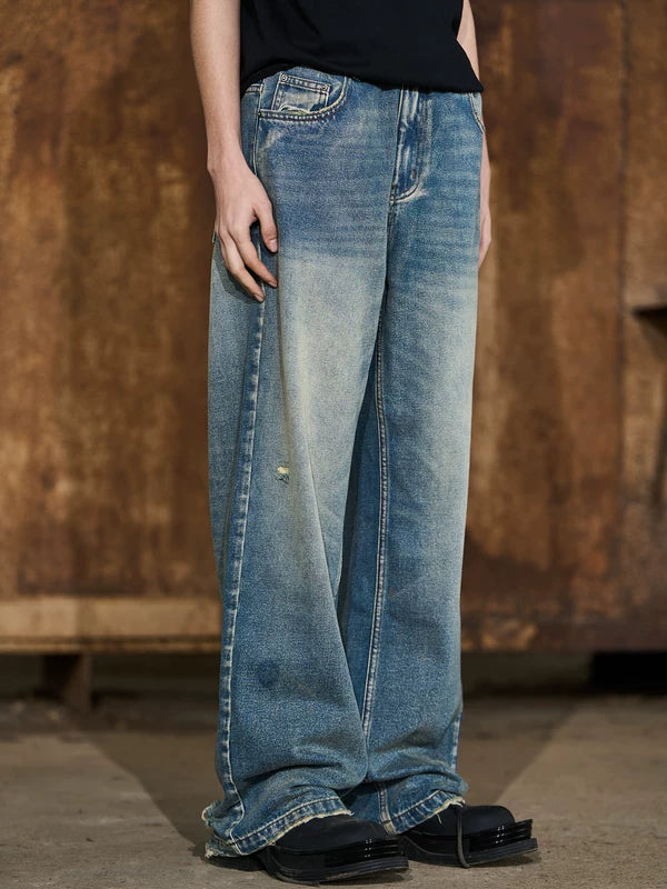 Distressed Washed Loose Straight Leg Jeans Pants 2