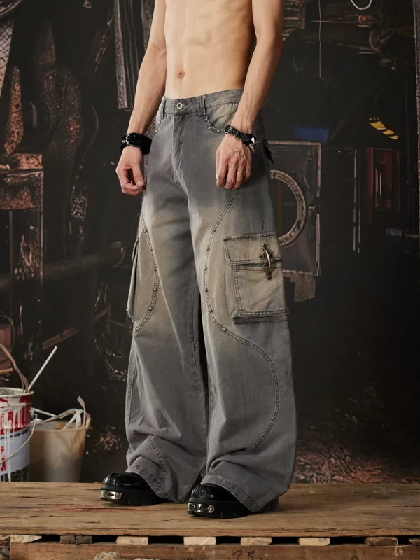 Distressed Wide Leg Cargo Jeans Pants 2