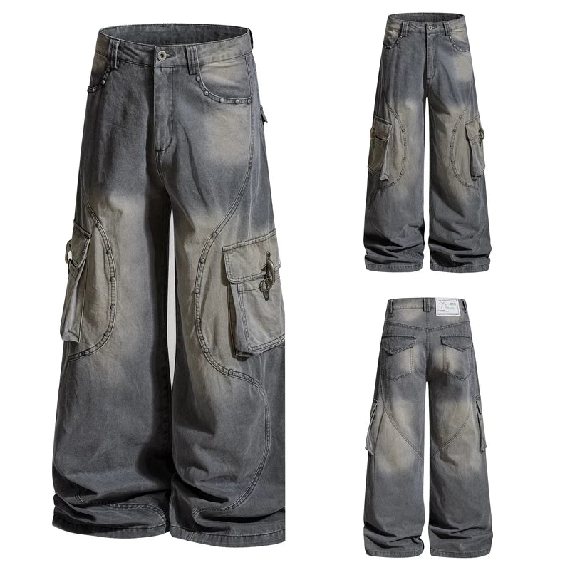 6059179029068,6059179029069,6059179029070,6059179029071,6059179029072, Distressed Wide Leg Cargo Jeans Pants