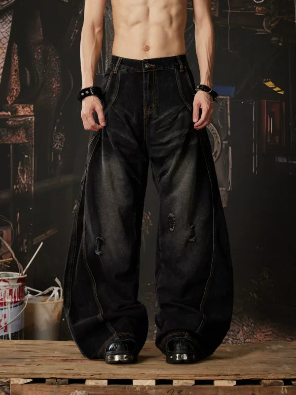 Distressed Wide-Leg Curved Denim Pants 1