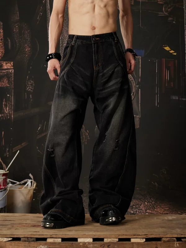 Distressed Wide-Leg Curved Denim Pants 3