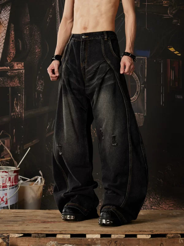 Distressed Wide-Leg Curved Denim Pants 4