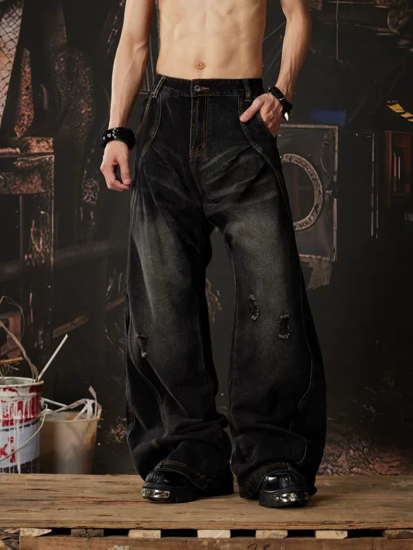 Distressed Wide-Leg Curved Denim Pants 5