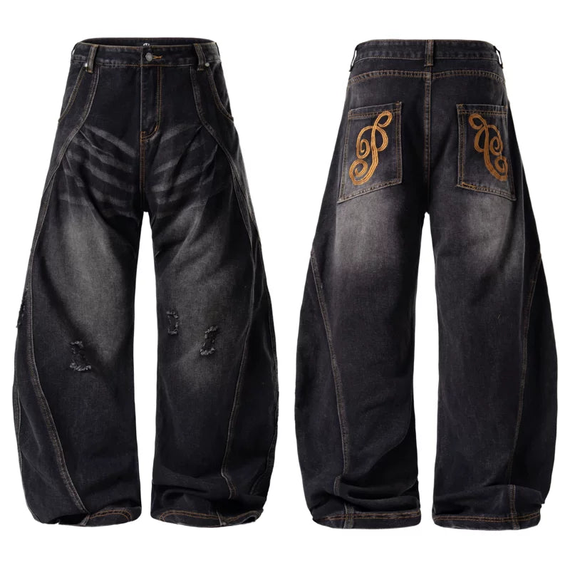 6058251324164,6058251324165,6058251324166,6058251324167, Distressed Wide-Leg Curved Denim Pants