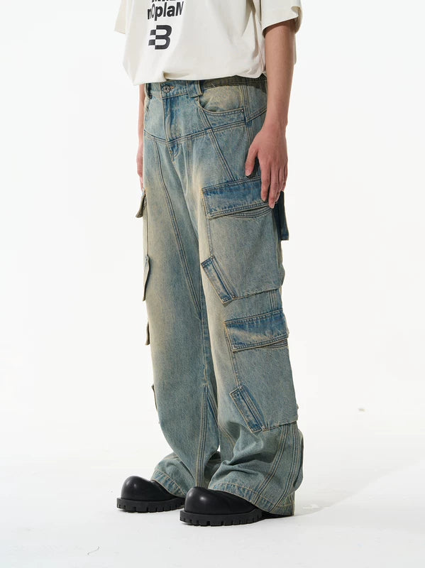 Distressed Wide Leg Denim Cargo Pants 2
