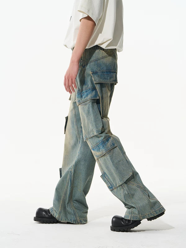 Distressed Wide Leg Denim Cargo Pants 4