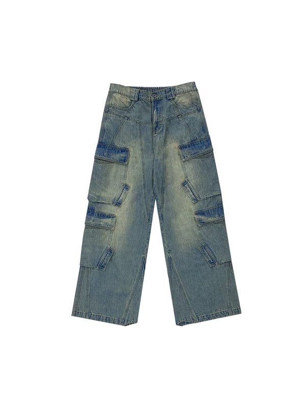 Distressed Wide Leg Denim Cargo Pants 5