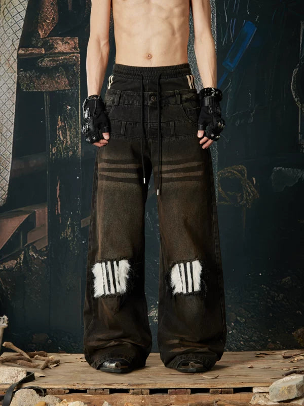 Distressed Wide Leg Fleece Patch Jeans 1