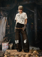 Distressed Wide Leg Fleece Patch Jeans 4