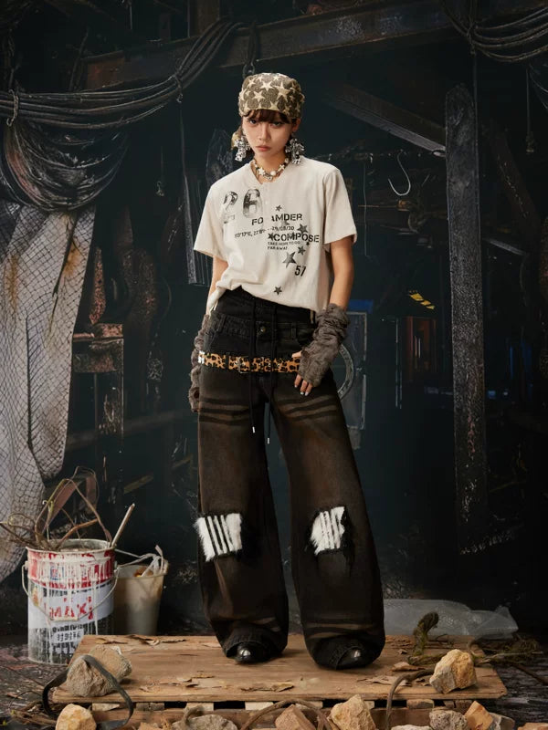 Distressed Wide Leg Fleece Patch Jeans 4