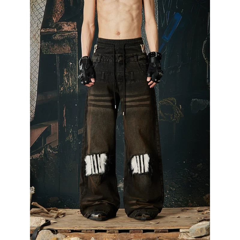 6196865847129,6196865847130,6196865847131,6196865847132, Distressed Wide Leg Fleece Patch Jeans