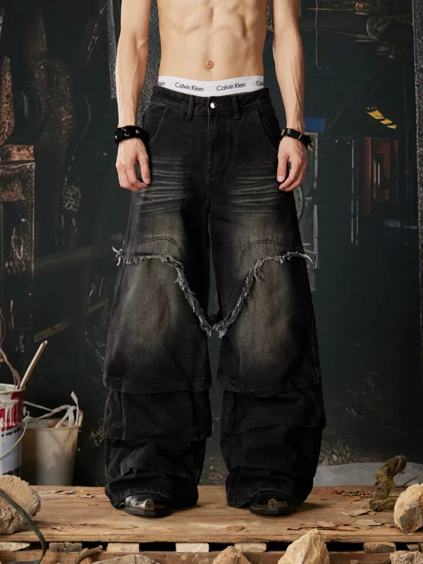 Distressed Wide Leg Layered Denim Pants 1