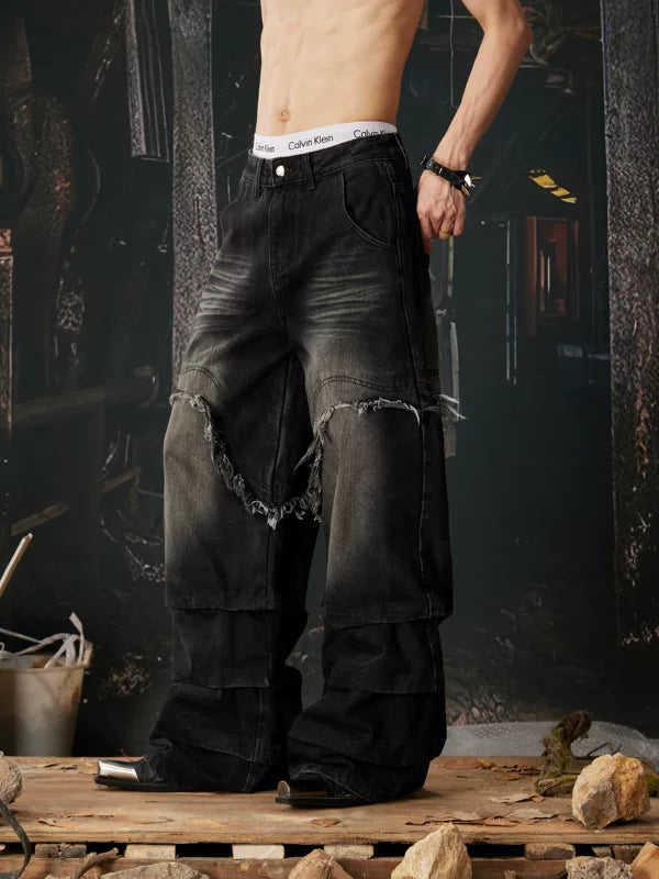 Distressed Wide Leg Layered Denim Pants 2