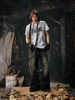 Distressed Wide Leg Layered Denim Pants 4