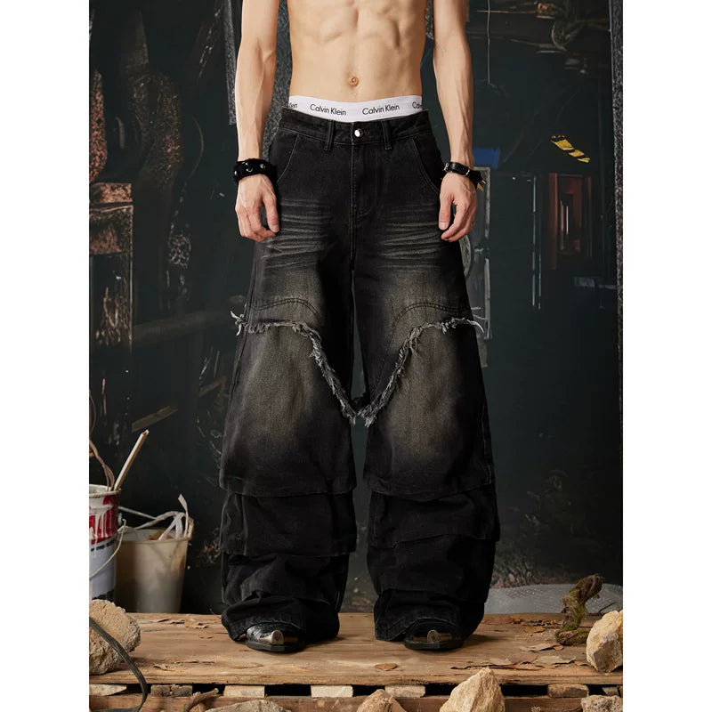 6042061700538,6042061700539,6042061700540,6042061700541, Distressed Wide Leg Layered Denim Pants