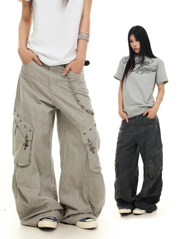 Distressed Wide-Leg Paratrooper Work Pants 1