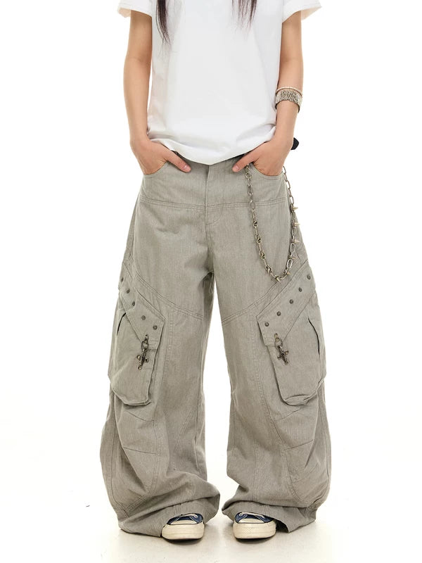 ,6100528012244,6100528012245,6100528012246,6100528012247,6100528012248, Distressed Wide-Leg Paratrooper Work Pants