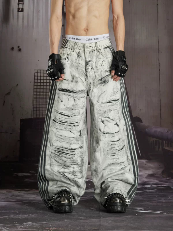 Distressed Wide-Leg Printed Denim Pants 1