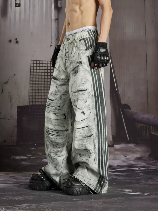 Distressed Wide-Leg Printed Denim Pants 3