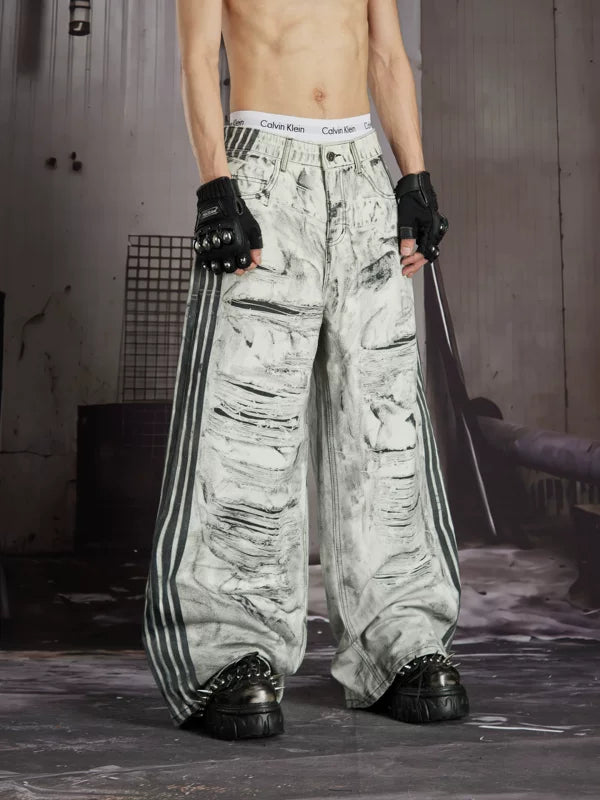 Distressed Wide-Leg Printed Denim Pants 4