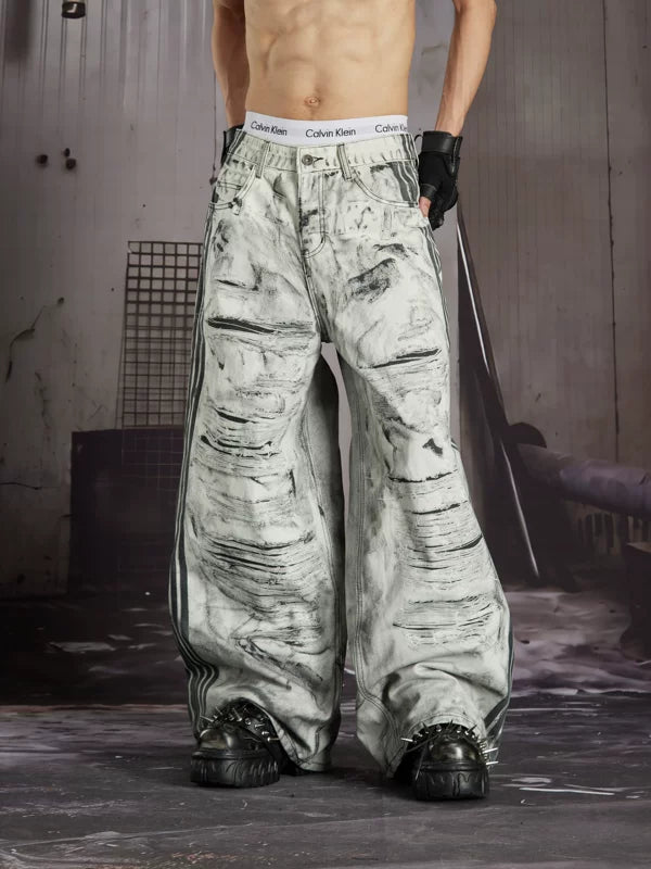 Distressed Wide-Leg Printed Denim Pants 5