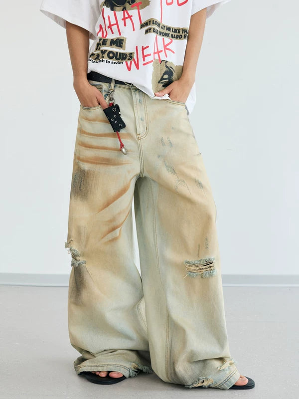 Distressed Wide Leg Straight Jeans Pants 2