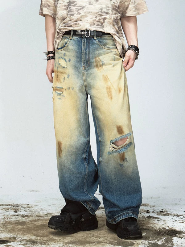 Distressed Wide-Leg Vintage Washed Jeans Pants 2