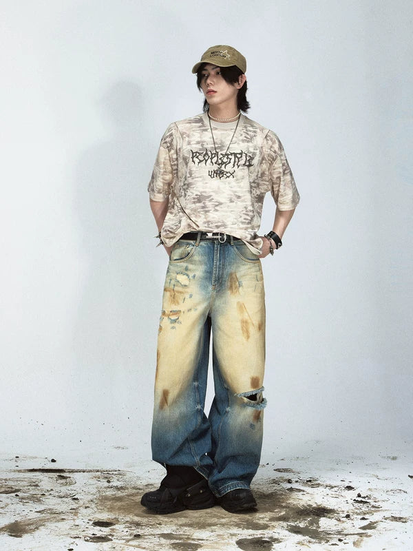Distressed Wide-Leg Vintage Washed Jeans Pants 4