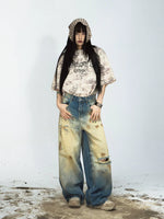 Distressed Wide-Leg Vintage Washed Jeans Pants 5