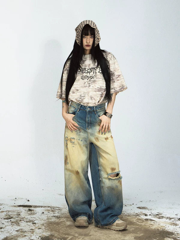 Distressed Wide-Leg Vintage Washed Jeans Pants 5