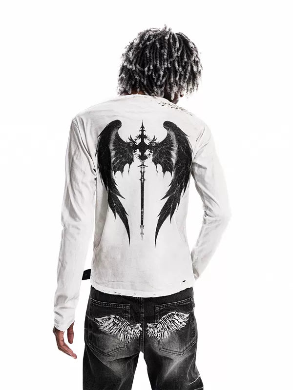 Distressed Wing Print Long-Sleeve Cotton T-Shirt 1