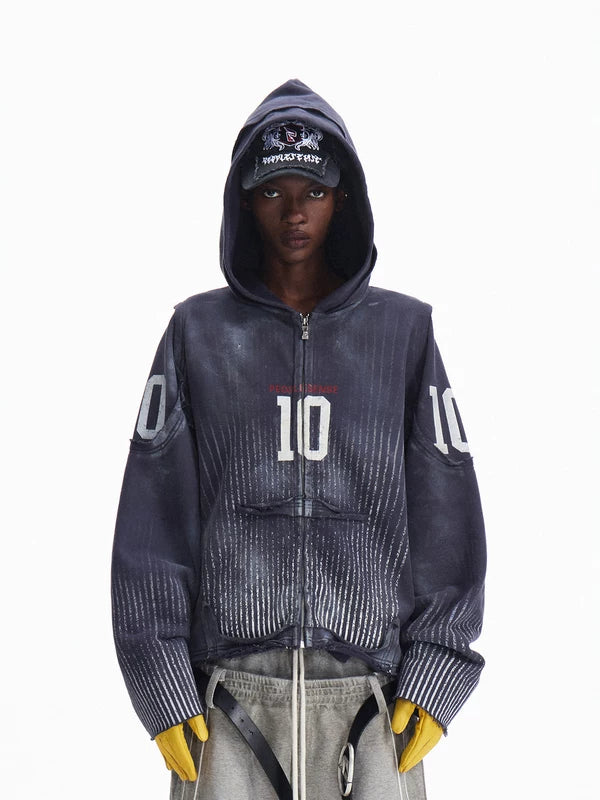 ,6102561767312,6102561767313,6102561767314, Distressed Zip-Up Hoodie with Number Print