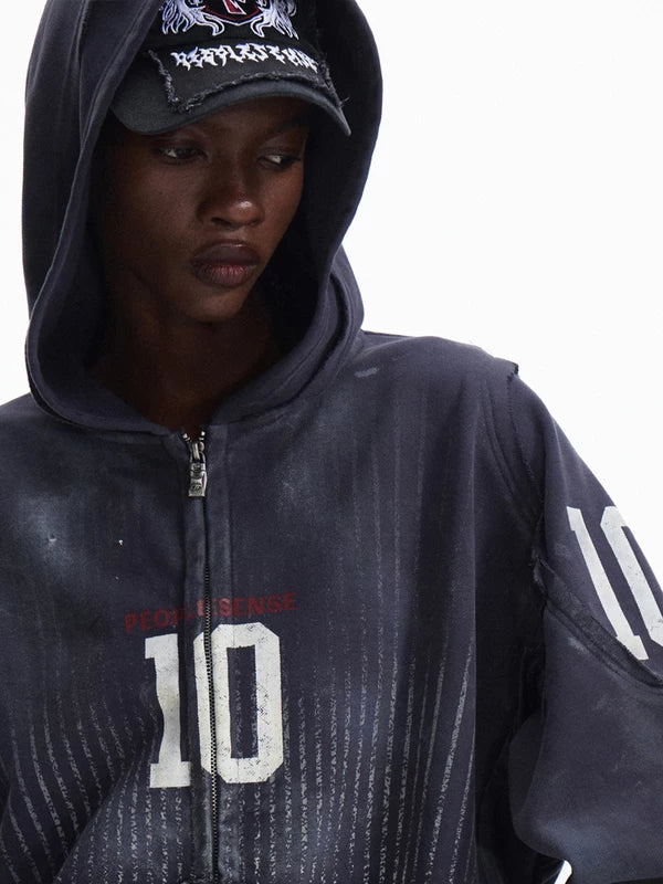 Distressed Zip-Up Hoodie with Number Print 2