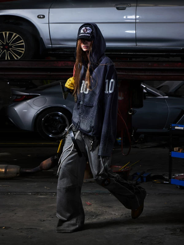 Distressed Zip-Up Hoodie with Number Print 3
