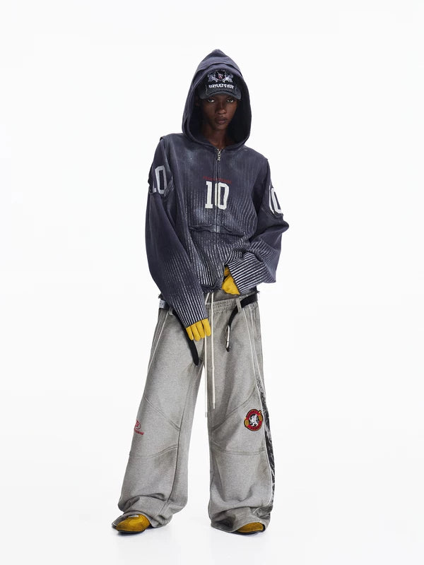 Distressed Zip-Up Hoodie with Number Print 5