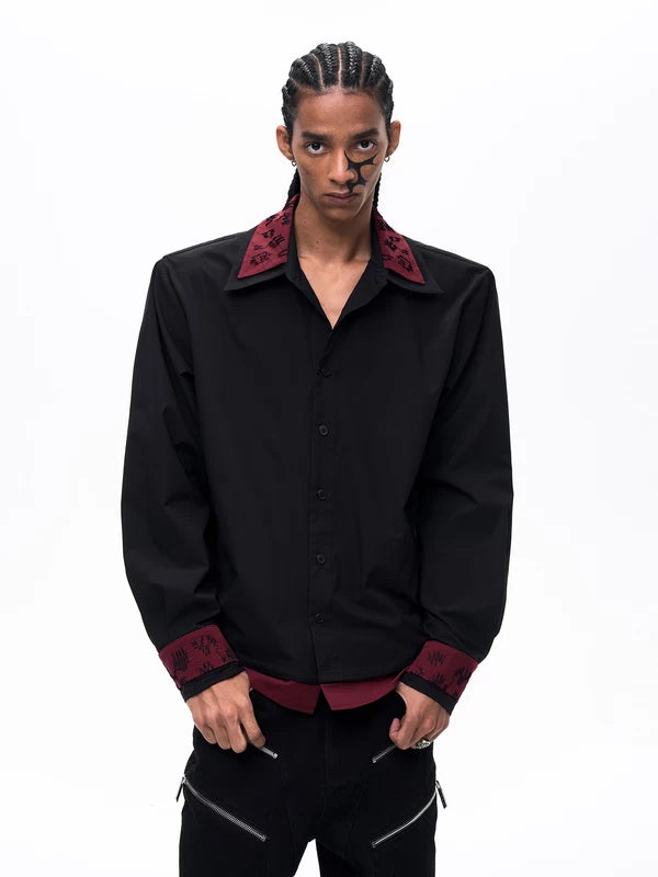 Double-Collar Faux Two-Piece Embroidered Shirt 2