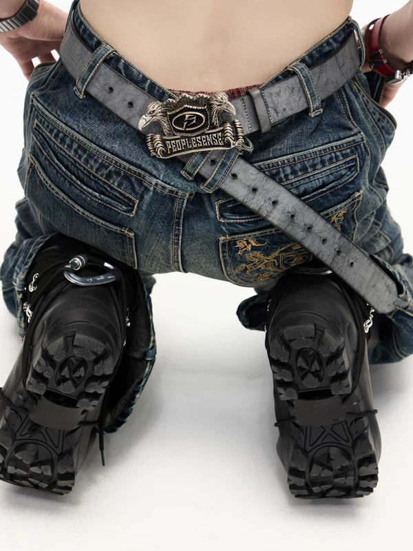 Double-Headed Eagle Distressed Leather Belt 1