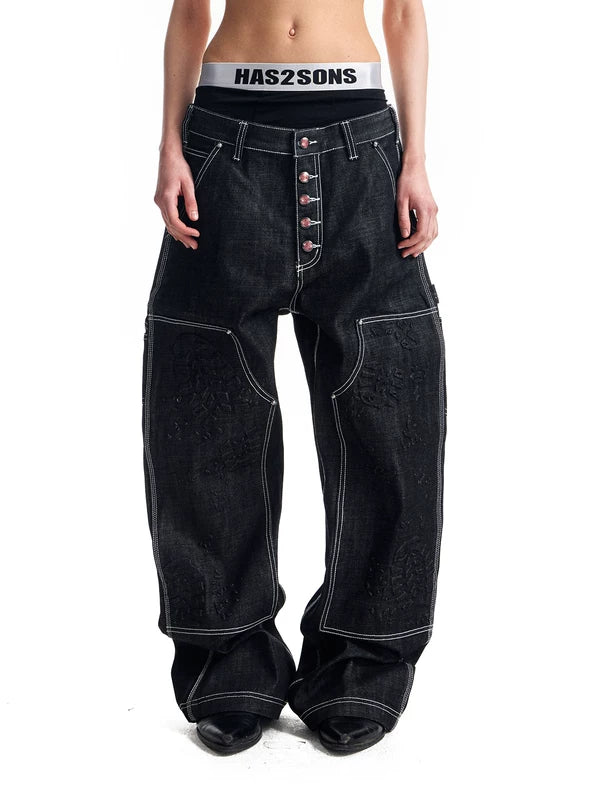 Double Knee Wide Leg Denim Pants 1