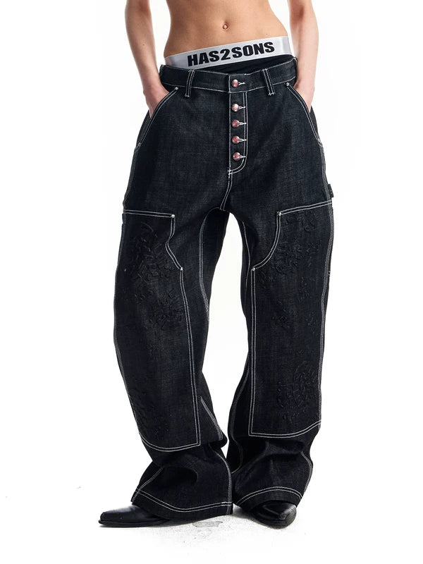 Double Knee Wide Leg Denim Pants 2