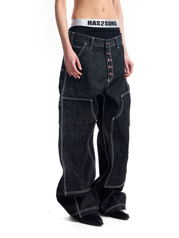 Double Knee Wide Leg Denim Pants 4