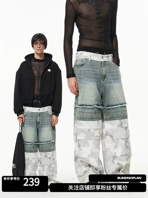 Double-Layer Camouflage Patchwork Wide Leg Pants 1