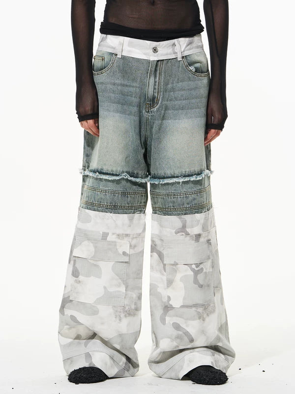 Double-Layer Camouflage Patchwork Wide Leg Pants 2